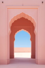Minimalist Architecture of Pink Archway Framing Clear Blue Sky