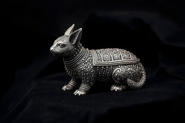 Ornate Silver Leopard Statue with Intricate Engravings Standing on Dark Background
