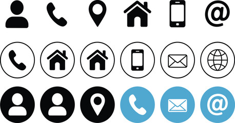 A Comprehensive Vector Set of 18 Communication Icons Featuring Solid, Outlined, and Blue Circular Styles for Professional Business Cards and Digital UI.
