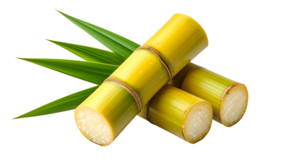 Close-up image of fresh sugar cane stalks with vibrant green leaves against a transparent background