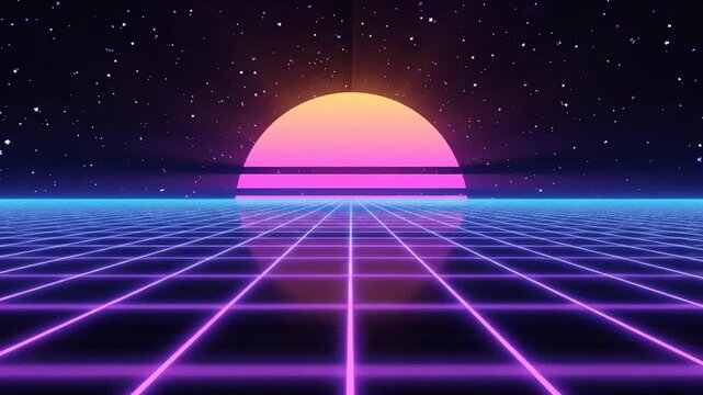 Retro Futuristic Neon Grid Sunset Scene.