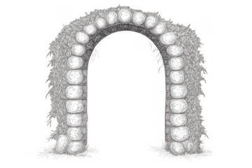 Arched stone gateway drawing, charcoal sketch of ancient ruins entrance, architectural design element with transparent background