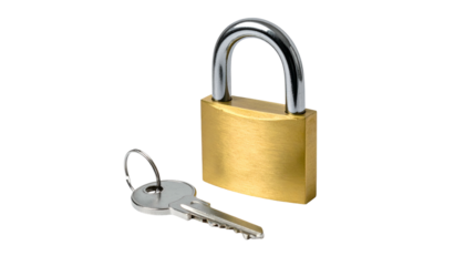 Close-up studio shot of a shiny, golden padlock with a silver, matching key on a stark black background