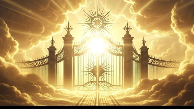 Ornate golden gates bathed in celestial light and clouds