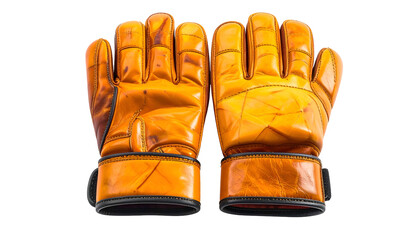 Close-up studio shot of two worn, orange sports gloves set side by side on a seamless white background