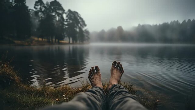 Barefoot male soles resting near foggy forest lake water
