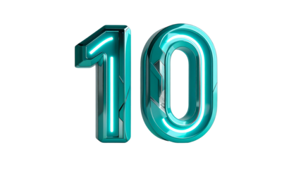 Digit "10" rendered in 3D, featuring a teal and silver futuristic design, with glowing cyan neon outline and metallic accents on a black backdrop