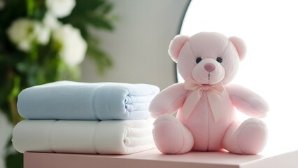 A stack of baby blankets and a pink teddy bear on a table with flowers in the background for a nursery