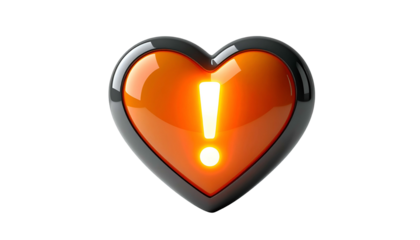 Glossy, stylized heart shape, framed in dark grey. An orange interior houses a glowing white exclamation point. Black background
