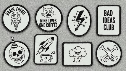 Collection of eight unique graphic patches with humorous and quirky designs.