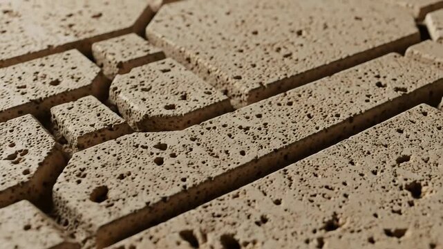 Close-up of rectangular porous stone blocks arranged in a geometric pattern.