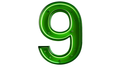 Illuminated numeral "9" glows bright green against a black backdrop, showcasing a retro design with metallic embellishments