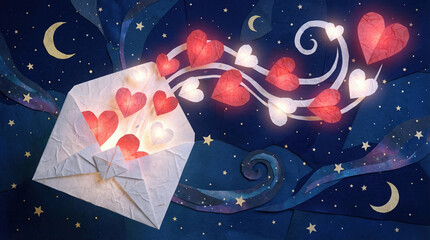 Love letter romantic envelope heart moon night sky star fantasy dreamy love letter with glowing heart swirling from paper envelope moon and star