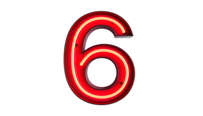 Illuminated numeral "6" crafted from neon lights, emitting vibrant red glow with inner yellow illumination, set against a dark backdrop