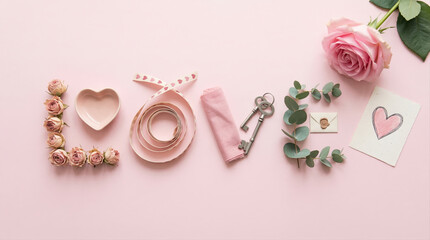 Love romance flower petal heart key pastel pink background valentine postcard