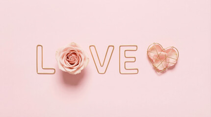 Love word rose heart minimal romance soft pastel pink background