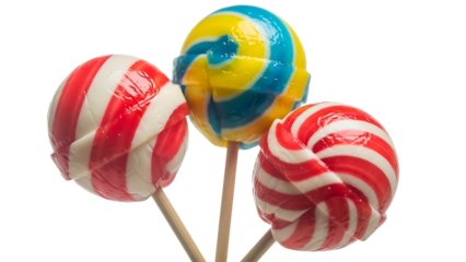 Three colorful lollipops isolated on transparent background