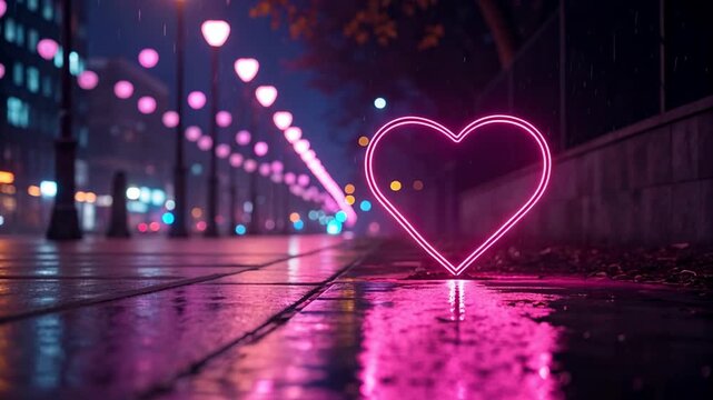 Neon heart pink light glowing heart city street night rain romantic mood urban street reflections