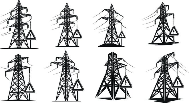 Black silhouette of high voltage power transmission towers with electric warning sign icons, isolated on white background, industrial energy vector.