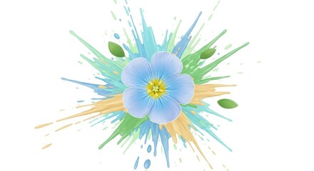 Vibrant Watercolor Blue Flower Illustration with Splatter Effect and Fresh Leaves