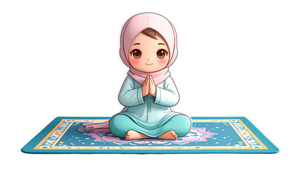 Cartoon Child Wearing Pink Hijab Sitting on Prayer Mat with Hands Together
