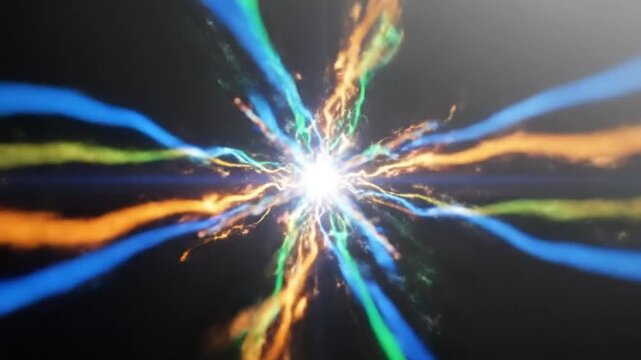 Dynamic animation of colorful light streams intersecting at a bright point, creating a visually