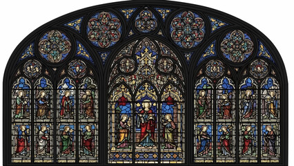 Intricate Stained Glass Window with Religious Scenes and Geometric Patterns.
