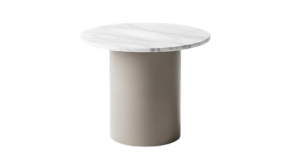 A white cylindrical pedestal table with a round flat top isolated on transparent background