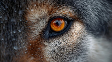 Extreme Macro Close Up of Amber Wolf Eye Showing Fur and Intense Gaze