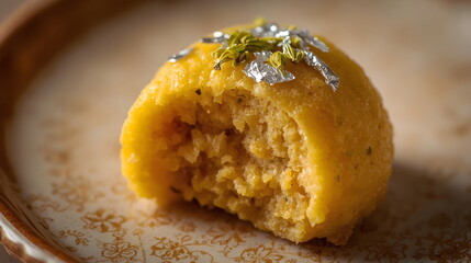 Extreme Close Up of Yellow Indian Laddu Sweet with Bite Taken and Silver Leaf Garnish