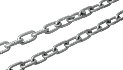 Obraz premium Two metallic chains, rendered in realistic detail, cross diagonally against a stark black backdrop. Links are joined