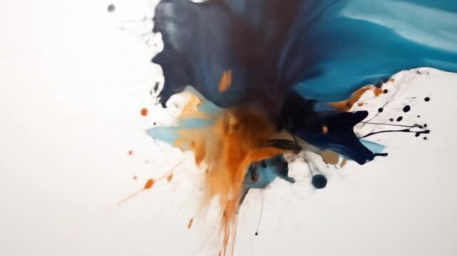 Abstract expressionism illustration with blue, orange, and black ink splashes on a white background.