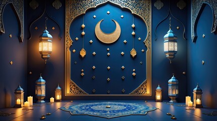 Elegant Ramadan Wall Decoration with Crescent Moon and Golden Lanterns
