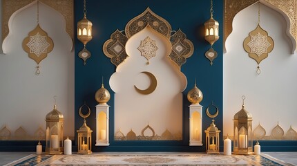 Elegant Ramadan Wall Decoration with Crescent Moon and Golden Lanterns