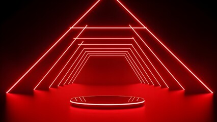 Futuristic red neon light tunnel with a glowing podium, perfect for product display