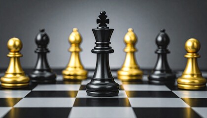 Black king winner surrounded with black gold chess pieces on chess board game competition. concept strategy, leadership and success business
