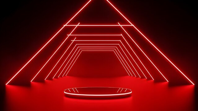 Futuristic red neon light tunnel with a glowing podium, perfect for product display - Powered by Adobe