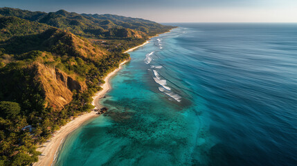 Breathtaking Aerial Drone View Of Tropical Coastline With Turquoise Waters And Lush Hills