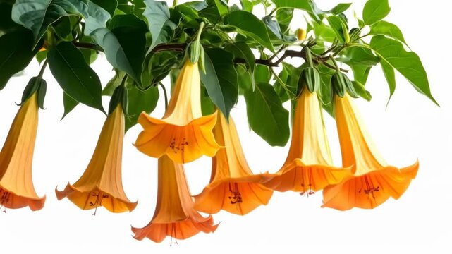 Elegant trumpet flowers dangle from a branch with vibrant green leaves on a clean white background.