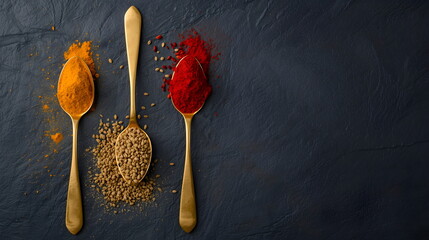 Flat Lay of Three Gold Spoons Holding Turmeric Powder, Seeds, and Chili Powder on Dark Textured Background