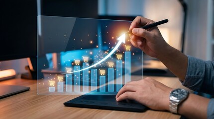 a person is interacting with a transparent digital display showcasing a growing bar graph with shopping carts representing digital commerce success and data
