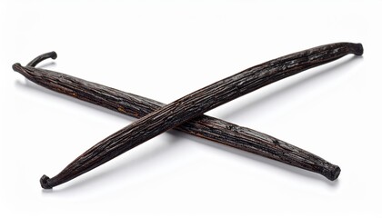 Two aromatic vanilla beans crossed on a white background