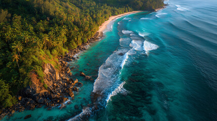 Aerial Drone View Of Tropical Coastline With Palm Trees, Clear Turquoise Water, And Golden Sand Beach