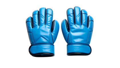 Symmetrical overhead shot showcasing a pair of blue protective gloves, likely for sports use. Clean background highlights the color