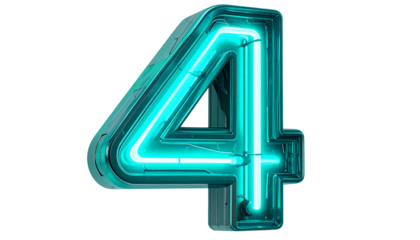 Illuminated, three-dimensional digit "4" glows with a striking turquoise neon light against a stark black background