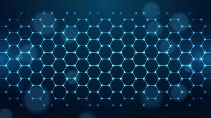 a futuristic dark blue background features a repeating hexagonal grid pattern with glowing lines and blurred circular light effects creating a tech aesthetic