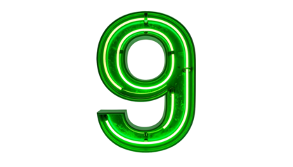 Illuminated neon-style number nine against a solid black backdrop. Bright green glow highlights the digit's intricate shape
