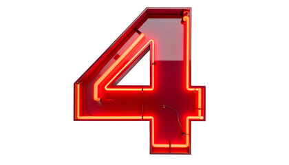 Illuminated number four, rendered with vibrant neon lighting. The object floats against a stark black background. It emanates a warm, red glow