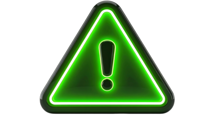 Illuminated green warning icon in the shape of a triangle with an exclamation point, set against a black backdrop