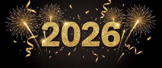Glitter shiny Number Illustration 2026 3d Text illustration with gold fireworks and ribbons on black isolated Background, celebration theme concept